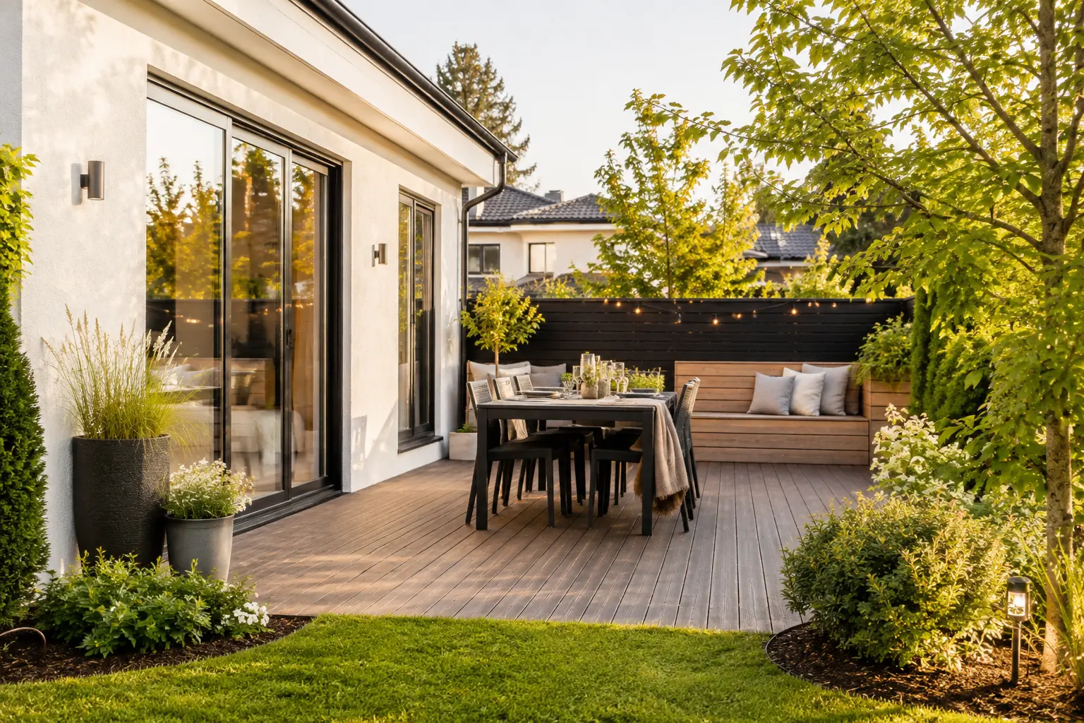 Terrasse i tre som går sømløst over i hagen