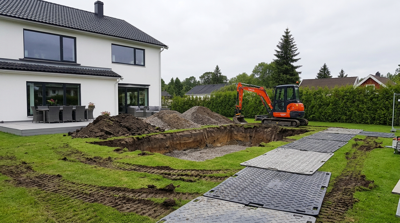 Uteområdet under arbeid med grunnarbeid og terrasse